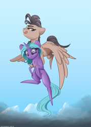 Size: 2500x3500 | Tagged: safe, artist:skitsroom, oc, oc only, oc:eleane tih, oc:mayata, pegasus, pony, unicorn, chibi, cloud, cute, female, horn, love, mare, raised hoof, shipping, wings