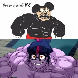 Size: 2560x2560 | Tagged: safe, artist:atariboy2600, artist:bluecarnationstudios, edit, sci-twi, twilight sparkle, equestria girls, angry, breasts, comparison, glasses, lip bite, meme, mickey mouse, mokey, mokey's show, muscles, overdeveloped muscles, red eyes, sr pelo, twilight muscle