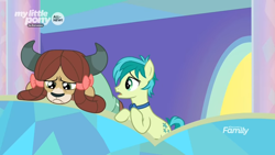 Size: 1366x768 | Tagged: safe, screencap, sandbar, yona, she's all yak, bowtie, discovery family logo, sad, treehouse of harmony