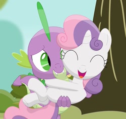 Size: 919x870 | Tagged: safe, artist:porygon2z, spike, sweetie belle, dragon, pony, cute, diasweetes, eyes closed, female, filly, holding a pony, hug, male, shipping, spikebelle, straight, tree