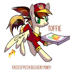 Size: 670x652 | Tagged: safe, artist:anyazenadopts, oc, oc only, oc:toffie, pegasus, pony, baseball cap, cap, clothes, fast food, female, flying, food, hat, mare, meat, pepperoni, pepperoni pizza, pizza, pizza box, pizza delivery, ponytail, shirt, simple background, solo, transparent background, uniform