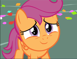 Size: 1224x941 | Tagged: safe, screencap, scootaloo, pegasus, pony, the last crusade, confetti, cropped, cute, cutealoo, female, filly, looking up, smiling, solo