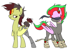 Size: 1500x1000 | Tagged: safe, artist:anyazenadopts, artist:icey-wicey-1517, color edit, edit, oc, oc only, oc:sea metal, oc:strawberry slices, bat pony, cyborg, pegasus, pony, collaboration, amputee, blind, blindfold, colored, female, food, hairclip, hoof wraps, mare, mask, multicolored hair, ninja, outfit, prosthetic limb, prosthetics, simple background, strawberry, tail wrap, tape, transparent background