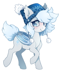 Size: 595x684 | Tagged: safe, artist:tsurime, oc, oc only, oc:silver puff, oc:snow puff, bat pony, pony, bat pony oc, beanie, blushing, fangs, female, hat, looking at you, mare, simple background, smiling, smiling at you, solo, transparent background
