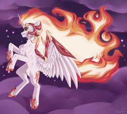 Size: 2000x1796 | Tagged: safe, artist:holocorn, daybreaker, alicorn, pony, chest fluff, cloud, crazy eyes, flying, mane of fire, night, sky, solo, spread wings, stars, wings