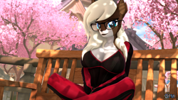 Size: 1920x1080 | Tagged: safe, artist:anthroponiessfm, oc, oc only, oc:starry snow, anthro, deer, deer pony, original species, 3d, anthro oc, breasts, cherry blossoms, clothes, cute, cute face, deer oc, flower, flower blossom, glasses, long hair, long mane, looking at you, park, source filmmaker