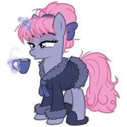 Size: 3200x3200 | Tagged: safe, alternate version, artist:cheezedoodle96, oc, oc only, oc:velvet, pony, unicorn, .svg available, bathrobe, blowing, clothes, cup, female, glowing horn, horn, levitation, magic, mare, messy mane, robe, see-through, sheer lingerie, simple background, slippers, solo, steam, svg, teacup, telekinesis, transparent background, vector