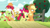 Size: 1280x720 | Tagged: safe, derpibooru import, screencap, apple bloom, applejack, big macintosh, goldie delicious, granny smith, earth pony, pony, going to seed, apple, apple tree, fence, tree