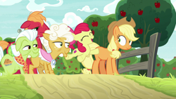 Size: 1280x720 | Tagged: safe, derpibooru import, screencap, apple bloom, applejack, big macintosh, goldie delicious, granny smith, earth pony, pony, going to seed, apple, apple tree, fence, tree