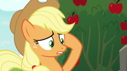 Size: 1280x720 | Tagged: safe, derpibooru import, screencap, applejack, earth pony, pony, going to seed, apple, apple tree, female, freckles, mare, raised hoof, solo, tree