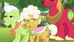 Size: 1280x720 | Tagged: safe, screencap, big macintosh, goldie delicious, granny smith, pony, going to seed, apple, apple tree, fence, tree