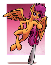 Size: 1255x1590 | Tagged: safe, artist:hc0, scootaloo, pegasus, pony, baseball bat, ear piercing, female, looking at you, piercing, smiling, solo