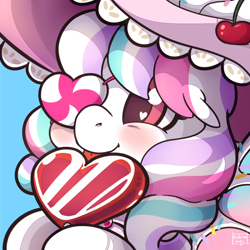 Size: 1100x1100 | Tagged: safe, artist:talim_stuff, oc, oc:magic sprinkles, blushing, candy, eyepatch, food, hat, heart, heart eyes, icon, lollipop, tongue out, wingding eyes