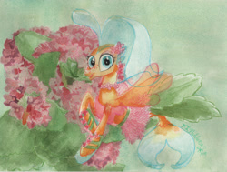 Size: 3516x2665 | Tagged: safe, artist:kelseyleah, princess skystar, seapony (g4), my little pony: the movie, clothes, flower, kalanchoe, solo, traditional art, watercolor painting
