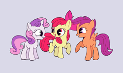 Size: 2828x1678 | Tagged: safe, artist:ivyredmond, apple bloom, scootaloo, sweetie belle, earth pony, pegasus, pony, unicorn, adorabloom, bow, cute, cutealoo, cutie mark crusaders, diasweetes, gray background, hair bow, pacman eyes, simple background, smiling