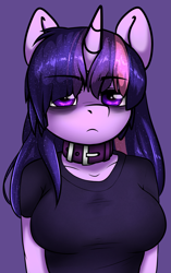 Size: 1355x2151 | Tagged: safe, artist:duop-qoub, twilight sparkle, twilight sparkle (alicorn), alicorn, anthro, bags under eyes, clothes, collar, descended twilight, female, frown, looking at you, mare, shirt, solo, t-shirt