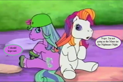 Size: 757x506 | Tagged: safe, edit, edited screencap, screencap, sunny daze (g3), pony, dancing in the clouds, g3, dialogue, hat, roller skates, scooter sprite, speech bubble, tangled manes