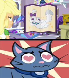 Size: 1920x2160 | Tagged: safe, artist:magerblutooth, edit, screencap, applejack, opalescence, rarity, oc, oc:dazzle, cat, comic:diamond and dazzle, better together, camping must-haves, equestria girls, canon x oc, collar, draw me like one of your french girls, female, heart, heart eyes, male, rarity's bedroom, shipping domino, straight, wingding eyes