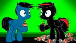 Size: 3840x2160 | Tagged: safe, artist:agkandphotomaker2000, oc, oc:arnold the pony, oc:pony video maker, pegasus, pony, hyperactive, jitters, needs more saturation, red and black oc, soda, soda bottle, sugar rush