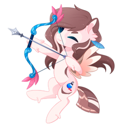 Size: 1024x1024 | Tagged: safe, artist:exceru-karina, oc, oc only, oc:white dreams, pegasus, pony, arrow, bow (weapon), bow and arrow, ear fluff, feather, female, one eye closed, solo, weapon, ych result