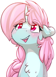 Size: 1622x2257 | Tagged: safe, artist:loneless-art, edit, oc, oc only, oc:scoops, pony, unicorn, blaze (coat marking), blushing, coat markings, cute, ear piercing, earring, female, freckles, happy, jewelry, mare, piercing, sfw edit, smiling, solo, unicorn oc