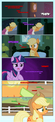 Size: 1919x4225 | Tagged: safe, artist:estories, derpibooru import, applejack, twilight sparkle, twilight sparkle (alicorn), alicorn, earth pony, pony, comic:a(pple)ffection, clock, comic, sleeping