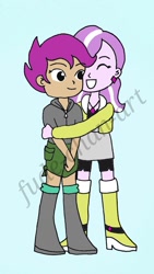 Size: 733x1304 | Tagged: safe, artist:fude-chan-art, diamond tiara, scootaloo, equestria girls, boots, clothes, cute, cutealoo, diamondbetes, female, hug, lesbian, scootiara, shipping, shoes, shorts, skirt, smiling