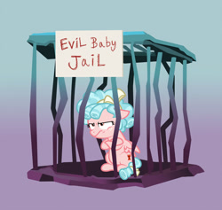 Size: 900x853 | Tagged: safe, artist:doodledaydreamer, cozy glow, pegasus, pony, school raze, abuse, cage, cozy glow is not amused, cozybuse, female, filly, solo, unamused