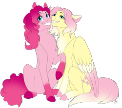 Size: 1800x1600 | Tagged: safe, artist:kriss348, derpibooru import, fluttershy, pinkie pie, earth pony, pegasus, pony, chest fluff, colored hooves, colored wings, colored wingtips, cute, duo, eye clipping through hair, female, friendship, gradient, gradient hooves, gradient mane, grin, happy, looking at you, one hoof raised, pink, redesign, signature, simple background, sitting, smiling, socks (coat marking), transparent background, two toned wings, wings