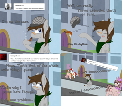 Size: 2002x1738 | Tagged: safe, artist:phoenixswift, oc, oc only, oc:fuselight, pegasus, pony, unicorn, ask, ask fuselight, bubble pipe, deerstalker, female, hat, male, mare, stallion, tumblr