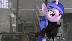 Size: 1920x1080 | Tagged: safe, artist:spinostud, sea swirl, seafoam, pony, unicorn, 3d, assault rifle, clothes, gun, rifle, source filmmaker, truck, uniform