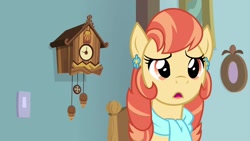 Size: 1920x1080 | Tagged: safe, screencap, aunt holiday, earth pony, pony, the last crusade, clock, clothes, cuckoo clock, female, scarf, solo