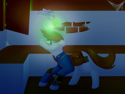 Size: 2048x1536 | Tagged: safe, artist:globug100art, oc, oc only, oc:littlepip, pony, unicorn, fallout equestria, clothes, fanfic, fanfic art, female, floppy ears, glowing horn, gun, handgun, hooves, horn, levitation, little macintosh, magic, mare, optical sight, pipbuck, revolver, saddle bag, scope, solo, spider web, telekinesis, vault suit, weapon