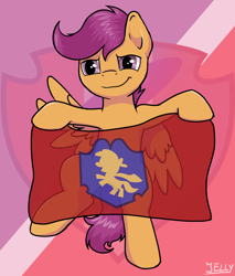 Size: 1700x2000 | Tagged: safe, artist:jellyys, scootaloo, pegasus, pony, clothes, cutie mark, cutie mark background, female, filly, flag, see-through, signature, solo, the cmc's cutie marks