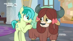 Size: 1280x720 | Tagged: safe, screencap, sandbar, yona, earth pony, pony, yak, she's all yak, bow, cloven hooves, duo, female, frown, hair bow, horns, male, monkey swings, raised hoof, school of friendship, smiling, teenager