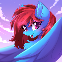 Size: 2222x2222 | Tagged: safe, artist:airiniblock, oc, oc only, oc:lucid heart, pegasus, pony, bust, female, mare, rcf community, sky, smiling, solo, wings