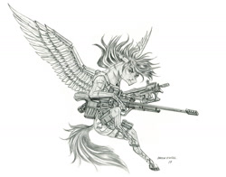 Size: 1400x1097 | Tagged: safe, artist:baron engel, oc, oc:crimson fist, pony, unicorn, fallout equestria, artificial wings, augmented, colored hooves, grayscale, gun, monochrome, pencil drawing, simple background, solo, traditional art, weapon, white background, wings