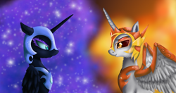 Size: 1920x1010 | Tagged: safe, artist:lunarmoonponi, daybreaker, nightmare moon, alicorn, pony, evil