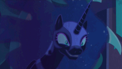 Size: 500x281 | Tagged: safe, screencap, nightmare moon, alicorn, pony, the cutie re-mark, alternate timeline, animated, cute, ethereal mane, female, gif, grin, mare, nightmare takeover timeline, now that's something i would like to see, smiling, solo, stare, starry mane