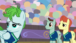 Size: 1920x1080 | Tagged: safe, screencap, morning dew, earth pony, pegasus, pony, unicorn, common ground, buckball uniform, buzzsaw blitz, clothes, female, jersey, male, mare, shirt, stallion, sweet strike, trio