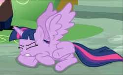 Size: 1604x983 | Tagged: safe, screencap, twilight sparkle, twilight sparkle (alicorn), alicorn, pony, the beginning of the end, cropped, eyes closed, laying on ground, solo, spread wings, wings