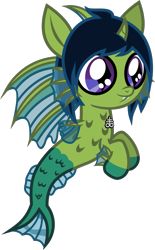 Size: 681x1098 | Tagged: safe, artist:lightningbolt, derpibooru exclusive, oc, oc only, oc:demon hellspawn, hybrid, siren, .svg available, baby, baby siren, curved horn, fangs, fins, fish tail, floating, horn, interspecies offspring, leviathan cross, magical gay spawn, male, offspring, scales, simple background, slit eyes, solo, story included, svg, transparent background, vector