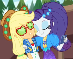 Size: 846x682 | Tagged: safe, screencap, applejack, rarity, better together, equestria girls, festival filters, applejack's sunglasses, best friends, female, hat, phone, shipping fuel, uncomfortable