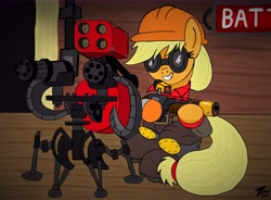 Size: 10300x7600 | Tagged: safe, artist:brekrofmadness, derpibooru import, applejack, earth pony, pony, absurd resolution, engiejack, engineer, rescue ranger, sentry gun, solo, team fortress 2, weapon