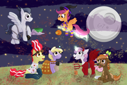 Size: 4500x3000 | Tagged: safe, artist:sixes&sevens, apple bloom, button mash, dinky hooves, rumble, scootaloo, sweetie belle, dog, earth pony, ghost, pegasus, pony, unicorn, alternate hairstyle, animal costume, boots, bowl, broom, chains, clothes, cloud, colt, costume, dalek, devil horns, doctor who, female, filly, fireproof boots, flying, flying broomstick, full moon, goggles, halloween, halloween costume, hat, holiday, lab coat, levitation, mad scientist, magic, male, moon, night, nightmare night, outdoors, pillowcase, pitchfork, plunger, propeller hat, scarf, scootaloo can fly, socks, stains, stars, sweetie belle's magic brings a great big smile, telekinesis, whisk, witch, witch hat