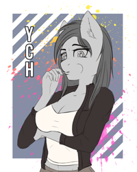 Size: 2500x3128 | Tagged: safe, artist:mintjuice, anthro, advertisement, breasts, candy, clothes, commission, female, food, jacket, leather jacket, lollipop, looking at you, mare, tanktop, thug, thug life, your character here