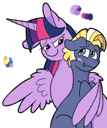 Size: 787x938 | Tagged: safe, artist:flamirasplitz, star tracker, twilight sparkle, twilight sparkle (alicorn), alicorn, pony, blushing, cute, female, hug, looking at each other, male, shipping, straight, twitracker, winghug