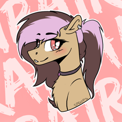 Size: 1280x1280 | Tagged: safe, artist:spoopygander, oc, oc only, oc:ira, pony, blushing, chest fluff, collar, ear piercing, earring, eyebrows visible through hair, jewelry, outline, piercing, smiling, solo