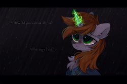 Size: 2449x1632 | Tagged: safe, artist:mirtash, oc, oc only, oc:littlepip, pony, unicorn, fallout equestria, fallout equestria: the line, bust, chest fluff, clothes, dialogue, fanfic, fanfic art, female, glowing horn, horn, magic, mare, portrait, rain, rcf community, scar, solo, spec ops: the line, text, vault suit