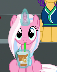 Size: 834x1056 | Tagged: safe, screencap, caramel, clear sky, pony, unicorn, common ground, cropped, cup, cute, cute sky, drink, drinking, drinking straw, female, glowing horn, horn, juice, looking at you, magic, magic aura, mare, solo focus, telekinesis